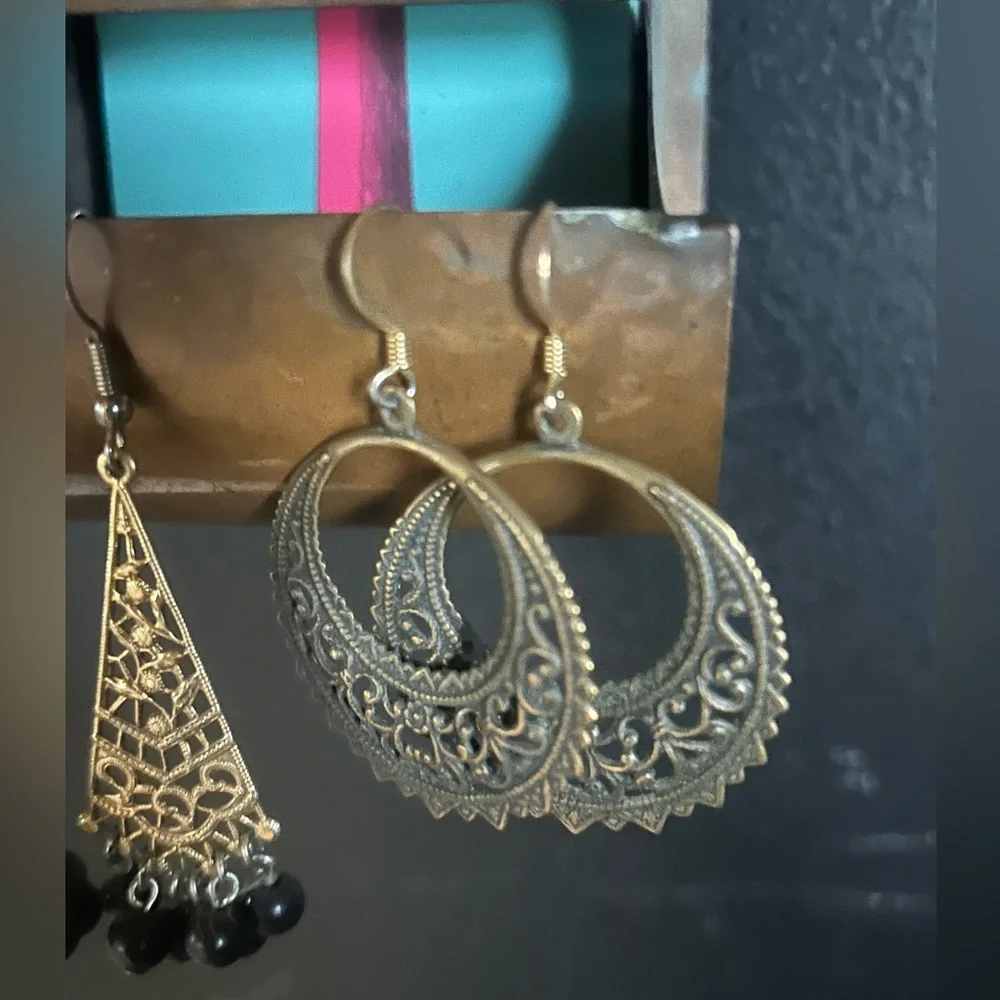 Lot of 2 Brass Boho Filigree Beaded Earrings